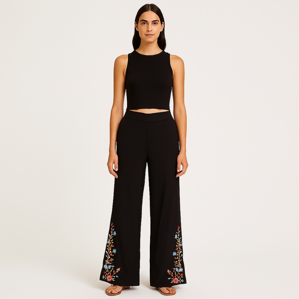 Floral Embroidered Black Flare Pants NWT
